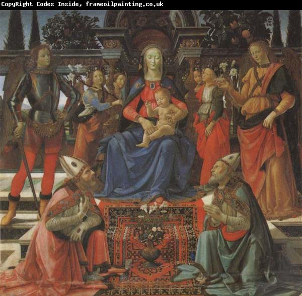 Domenico Ghirlandaio Madonna and Child Enthroned with Four Angels,the Archangels Michael and Raphael,and SS.Giusto and Ze-nobius